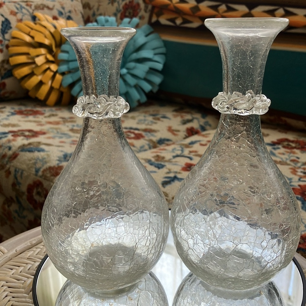 2 BLENKO CRACKLE ICE GLASS CLEAR 7” VASES 1940’s APPLIED NECK RUFFLE BULBOUS